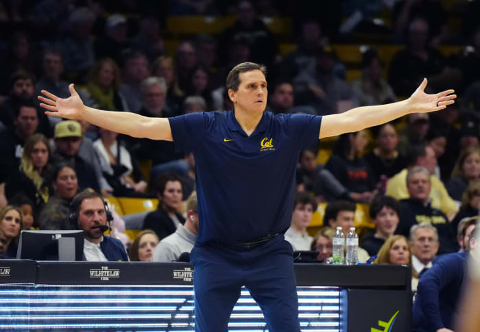 Feb 28, 2024; Boulder, Colorado, USA; California Golden Bears head coach Mark Madsen reacts in the first half against the Colorado Buffaloes at the CU Events Center. Mandatory Credit: Ron Chenoy-USA TODAY Sports